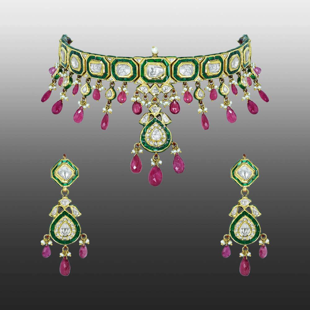 Polki Choker Set with Green Enamel, Tourmaline, and Pearls
